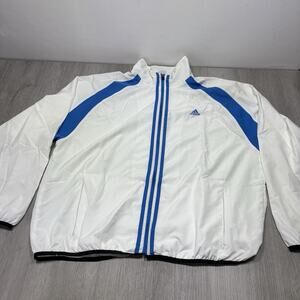 Large Adidas White & Blue Windbreaker Jacket Athletic Workout Gear Track
